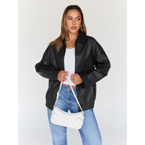 Women's Leather Bomber Moto Coat Jacket Black Trendy Queen Statement Piece - Picture 2 of 5